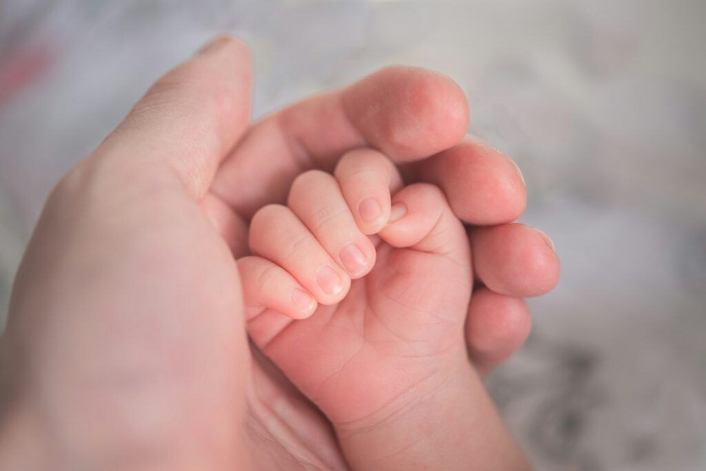 Mão de adulto a segurar a mãozinha de um bebé recém-nascido