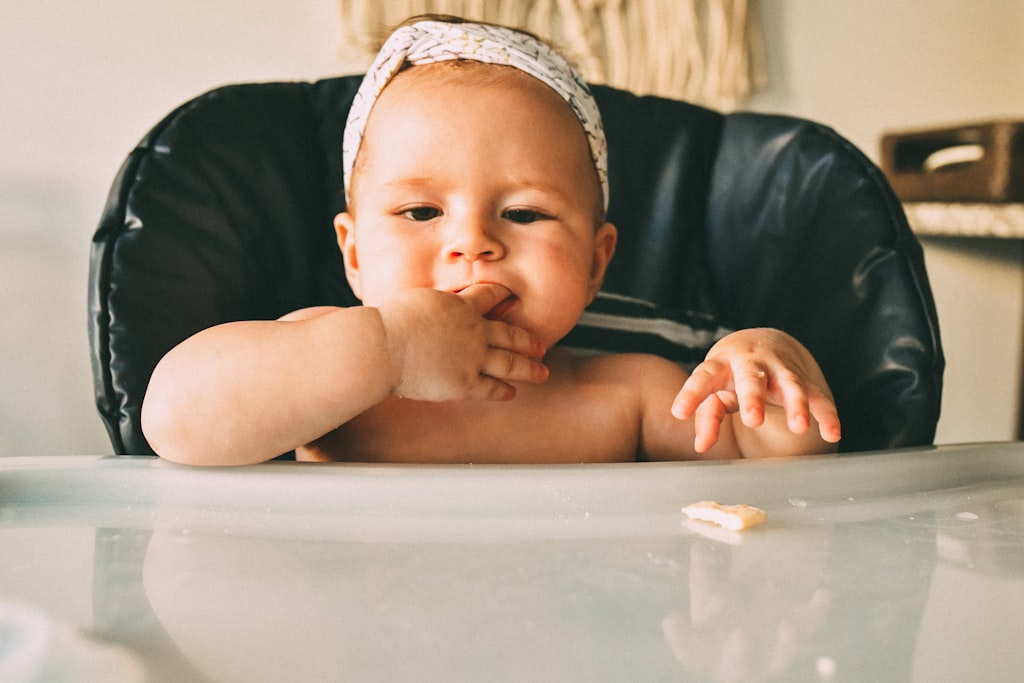 Bebé sentado na cadeira de papa com um pedaço de comida no tabuleiro
